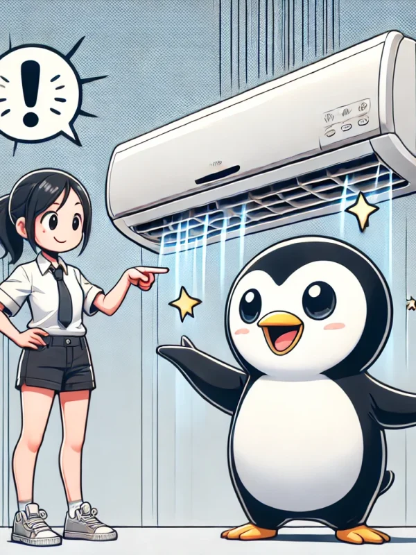 DALL·E 2024-09-10 15.17.35 - A cute manga-style penguin character presenting a single air conditioner to a customer. The penguin is playfully pointing at the AC unit, showcasing i